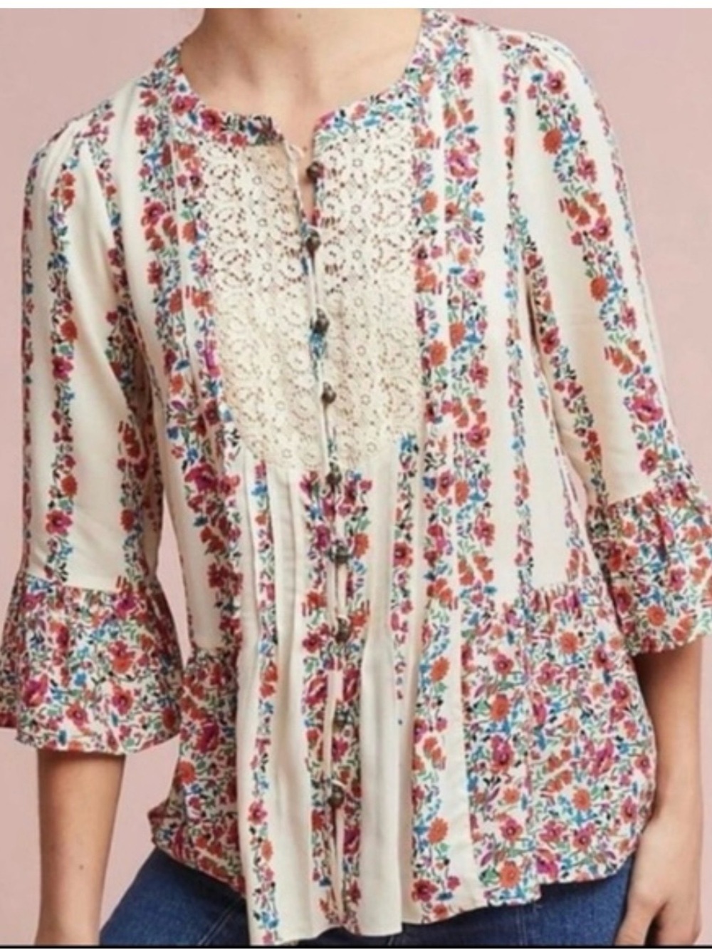 Maeve Cream Floral Lace-Paneled Peasant Blouse